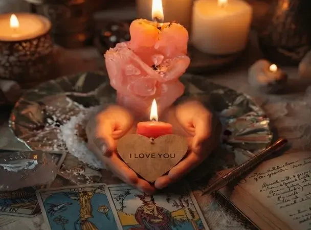 Altar esotérico con velas de amor, cartas de tarot y manos sosteniendo una vela con corazón en Cúcuta.